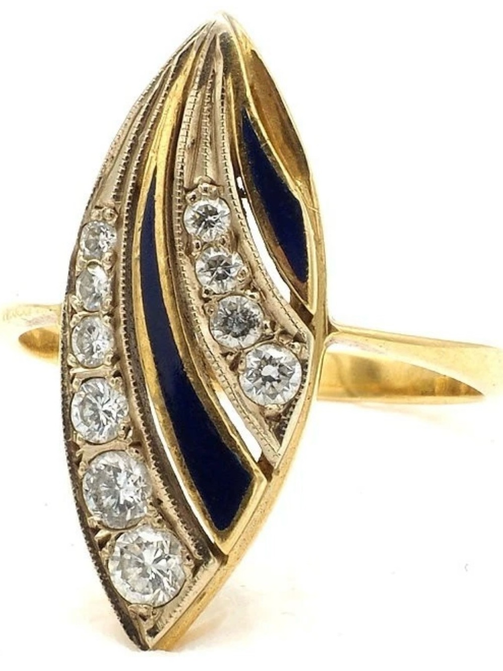 Vintage 18k Gold Ring. 10 Diamonds Enamel Size 10.25